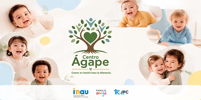 Logo de Centro Ágape con el lema 'Crecer en familia hace la diferencia', collage de bebés y niños, e isologotipos de INAU, Familia Amiga y JPC.